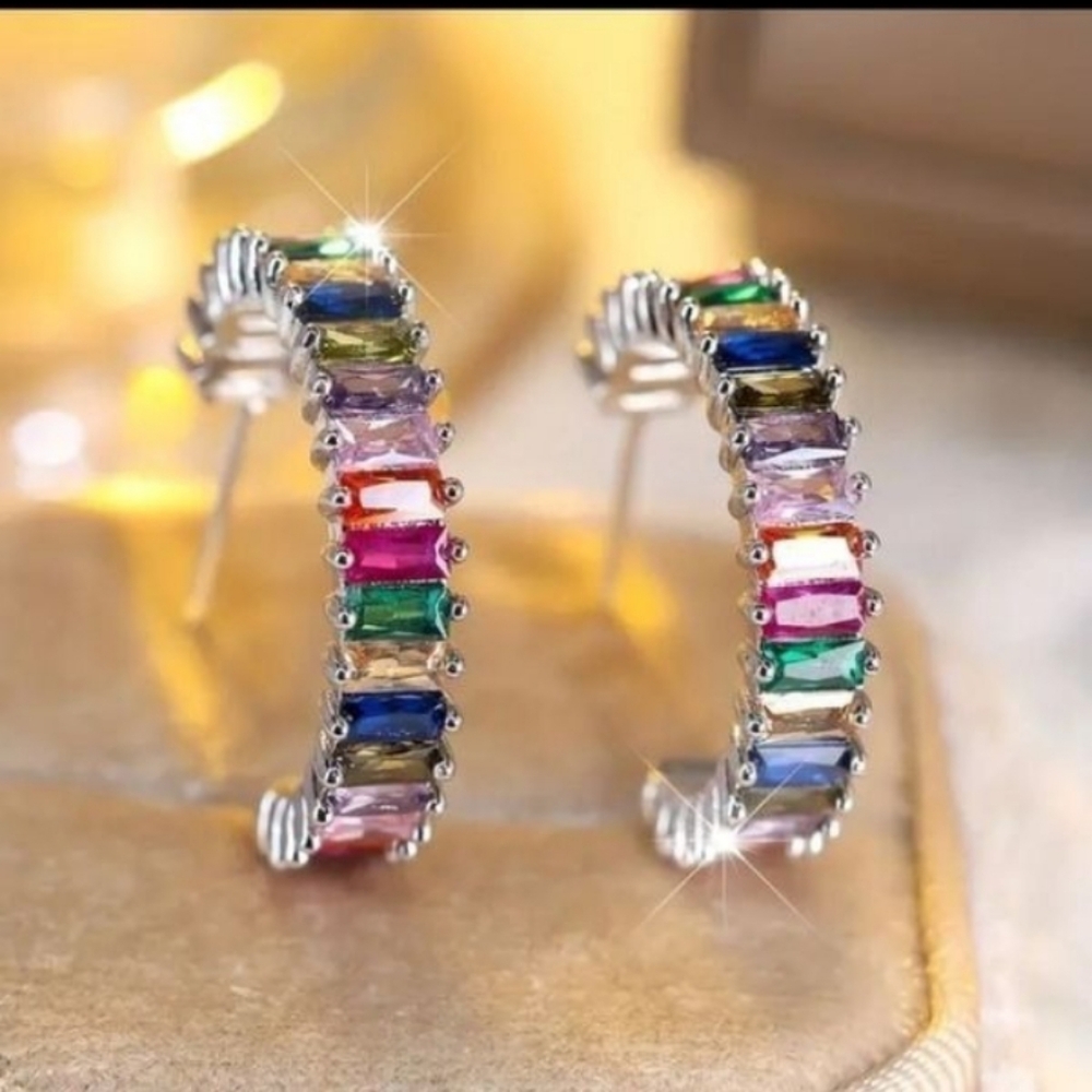 Multicolored Silver Hoop Earrings - Picture 6 of 10